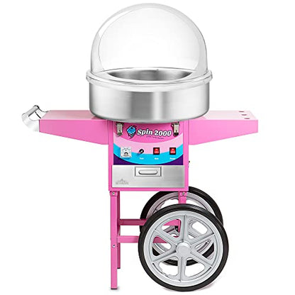 Olde Midway Cotton Candy Machine Cart with Bubble Shield, SPIN-2000 Electric Candy Floss Maker, Commercial-Grade