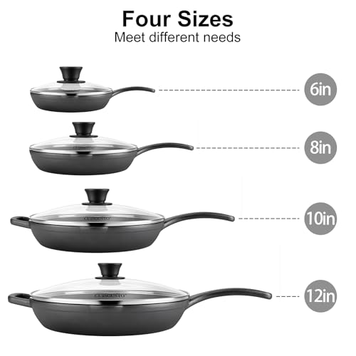 CUISGUSTO 8 Inch Cast Iron Skillet with Tempered Glass Lid, Pre-Seasoned, Even Heat Distribution, Silicone Handle Cover & Pan Scraper, Ideal for Breakfast & Everyday Cooking