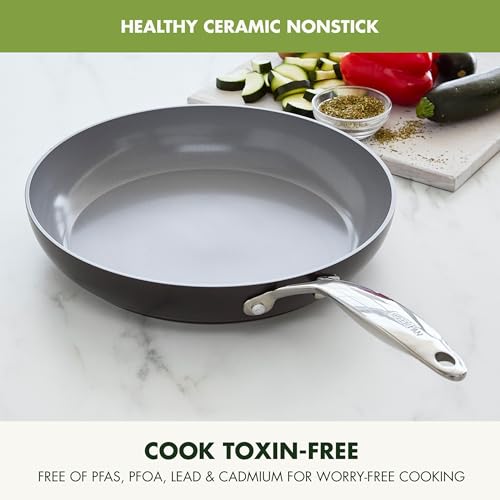 GreenPan Valencia Pro Ceramic Nonstick 12” Frying Pan Skillet, Hard Anodized PFAS-Free Cookware, Induction Ready, Compatible on All Cooktops, Eggs & Omelets, Dishwasher Safe, Oven Safe to 600F, Gray