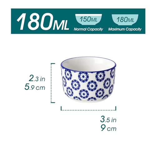 vancasso Selene 6 oz Ceramic Ramekins Set of 6, Microwave & Dishwasher Safe Souffle Cups for Baking, Dip & Sauce, Desserts, Handcrafted Blue Floral Bowls