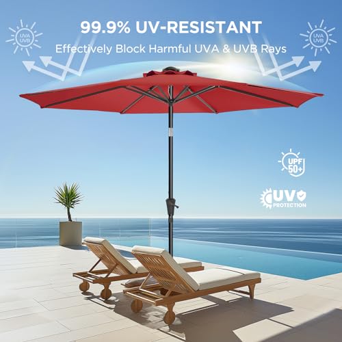 HOMSHADE 9ft Outdoor Patio Umbrella - Market Table Pool Deck Umbrella UPF50+ UV Protection with Push Button Tilt, Crank and 8 Sturdy Ribs (Red, No base)