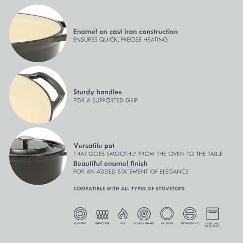 Kenmore Oak Park 5-Quart Cast Iron Dutch Oven Casserole With Lid With Metallic Enamel - Gunmetal Grey