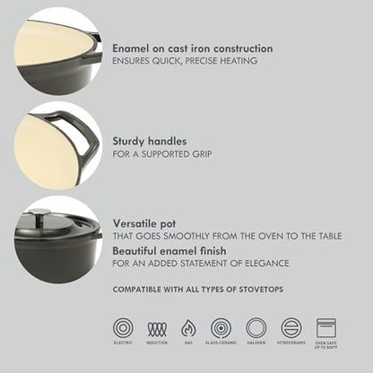 Kenmore Oak Park 5-Quart Cast Iron Dutch Oven Casserole With Lid With Metallic Enamel - Gunmetal Grey