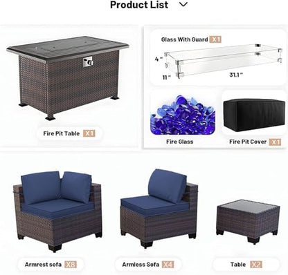 Kullavik 15 Piece Outdoor Wicker Patio Furniture Set with Fire Pit Table