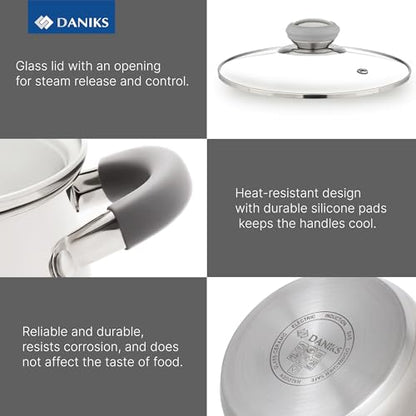 Daniks Modern 11-Piece Stainless Steel Cookware Set with Glass Lids, Includes Saucepan and Frying Pan with Lid, Tri-Ply Bases for Even Heating, Induction Compatible, Dishwasher Safe, Heatproof Handles