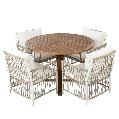 VilroCaz 5-Piece Outdoor Patio Dining Set, All-Weather Acacia Wood Extendable Round Dining Table with 12inch Butterfly Leaf and 4 Rattan Arm Chairs for Backyard, Balcony, Garden, Poolside