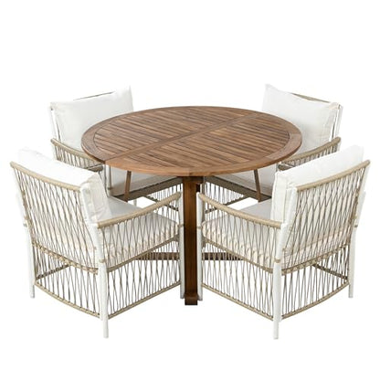 VilroCaz 5-Piece Outdoor Patio Dining Set, All-Weather Acacia Wood Extendable Round Dining Table with 12inch Butterfly Leaf and 4 Rattan Arm Chairs for Backyard, Balcony, Garden, Poolside
