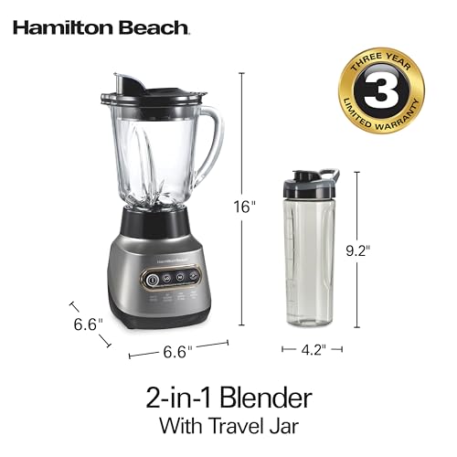 Hamilton Beach Wave Action Blender for Smoothies, Stainless Steel Ice Sabre Blades, 40oz Glass Jar, 20oz Blend-In Portable Travel Jar, 800 Watts, Quiet Design, Silver (58181)