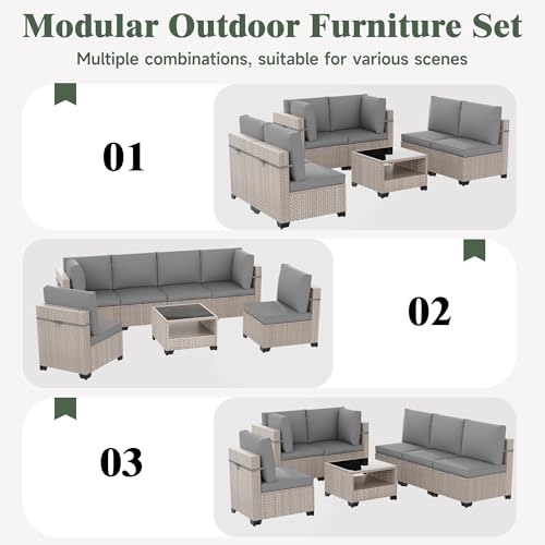 Aukreolis 11 Pieces Patio Furniture Set with Fire Pit Table, Outdoor Sectional Wicker Sofa with Thick Cushions, High Back Swivel Rocker Patio Chairs, Rattan Conversation Set with Coffee Table, Grey
