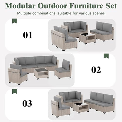 Aukreolis 11 Pieces Patio Furniture Set with Fire Pit Table, Outdoor Sectional Wicker Sofa with Thick Cushions, High Back Swivel Rocker Patio Chairs, Rattan Conversation Set with Coffee Table, Grey