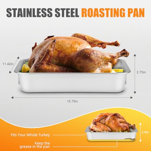 Stainless Steel Turkey Roasting Pan with Rack & Handles, Heavy Duty Food-Safe Turkey Pan Dishwasher Safe, Perfect for Cooking Turkey and Steak for Thanksgiving and Christmas (Standard)