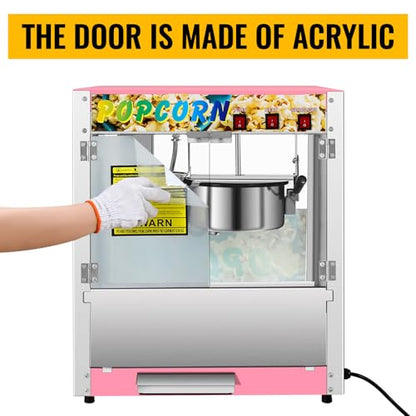 Commercial Popcorn Machine, 8 Oz Kettle, 850 W Countertop Popcorn Maker for 48 Cups per Batch, Popcorn Popper with 3-Switch Control Steel Frame Tempered Acrylic Doors