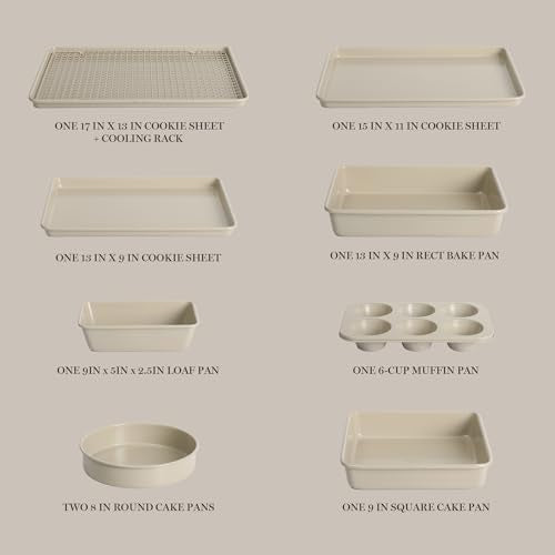Martha Stewart Gallen 10 Piece Baking Pans Ceramic PFA Free Non Toxic Non Stick Bakeware Set - Taupe