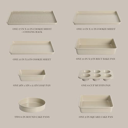 Martha Stewart Gallen 10 Piece Baking Pans Ceramic PFA Free Non Toxic Non Stick Bakeware Set - Taupe