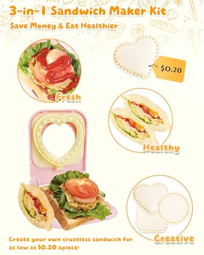 3-in-1 Uncrustable Sandwich Maker - Heart/Circle/Square Crustless Sandwich Cutter & Sealer for Kids' Lunch, Breakfast & Lunchboxes | BPA-Free Uncrustable Press, Easy Clean (3-Shape Pink)