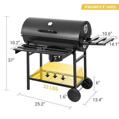 Flamaker Charcoal Grill Barrel style BBQ Charcoal Grill with Three Item Racks Thermometer Double-Layer Chrome-Plated Iron Baking Pan Ash Catcher for Camping Outdoor BBQ