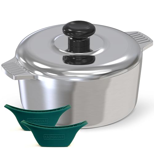 Magnaware Cast Aluminum Dutch Oven with Lid - 3 Quart Lightweight Cookware Pot with Silicone Covers for Easy Handling - Even Heat Distribution & Retention - For Bread Baking, Stew, Simmering & More