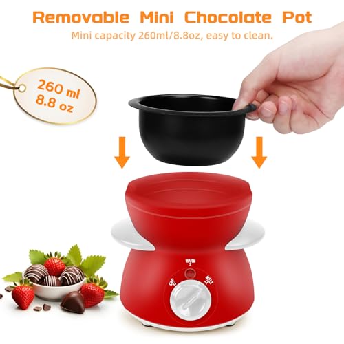 Mini Chocolate Melting Pot, Chocolate Fondue Fountain, 8.79OZ Warmer Machine for Milk Chocolate, Cheese, Butter, Candy (Red)