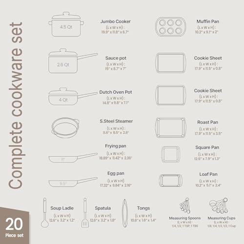 Bakken Master 20 Piece Cookware Set - Pots and Pans with Handle Grips and Tempered Glass Lids, With 6-piece Bakeware Set, Nonstick Granite Coating, Ceramic Max Temperature (Up To 500° F), Cream
