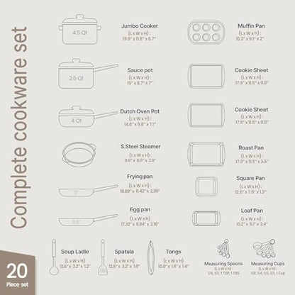 Bakken Master 20 Piece Cookware Set - Pots and Pans with Handle Grips and Tempered Glass Lids, With 6-piece Bakeware Set, Nonstick Granite Coating, Ceramic Max Temperature (Up To 500° F), Cream