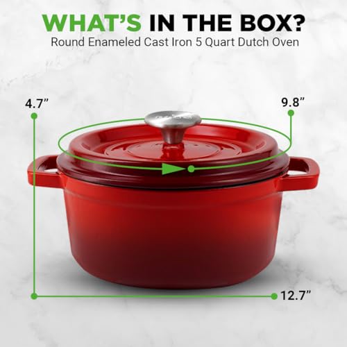 NutriChef Enameled Cast Iron Dutch Oven – 5 QT Pot with Lid, Cooking Pot with Moisture-Sealing Lid for Bread Baking, Stews, Braising, Roasting, Marinating & Slow Cooking – Oven Safe Up to 500°F