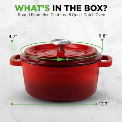 NutriChef Enameled Cast Iron Dutch Oven – 5 QT Pot with Lid, Cooking Pot with Moisture-Sealing Lid for Bread Baking, Stews, Braising, Roasting, Marinating & Slow Cooking – Oven Safe Up to 500°F