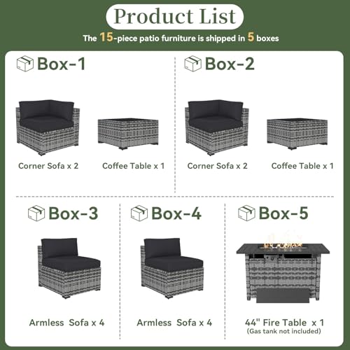 Aoxun 15 Piece Patio Furniture Set with Fire Pit Table Wicker Rattan