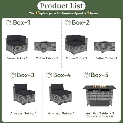 Aoxun 15 Piece Patio Furniture Set with Fire Pit Table Wicker Rattan