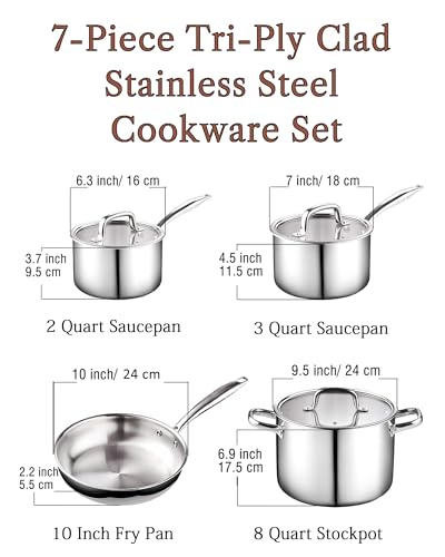 Cook N Home 7-Piece Tri-Ply Clad Stainless Steel Cookware Set, Pots and Pans Kitchen Set with Tempered Glass Lids, Induction-Ready, Dishwasher-Safe, Silver