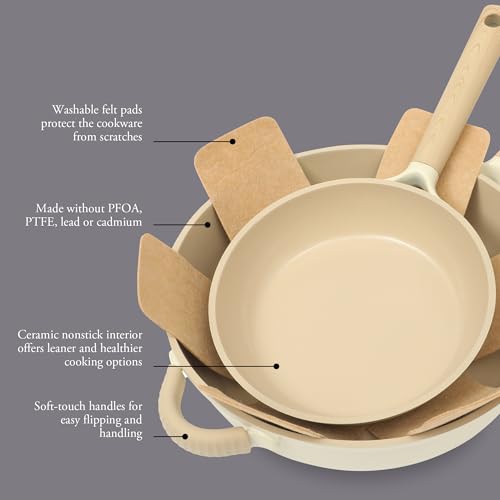 Gibson Elite Folkstone 13 Piece Pots and Pans Durable Cast Aluminum PFA Free Non stick Ceramic Coating Cookware Set W/Kitchen Tools and Protective Felts - Induction Safe - Linen White W/Wood Handle