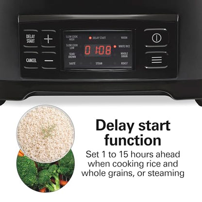Hamilton Beach 6 Quart 9-in-1 Programmable Slow Cooker with Sear, Browning, Rice, Steam, Sauté, Roast Delay Start & Keep Warm Functions, Nonstick PFAS-Free Dishwasher Safe Crock, Black (33604)