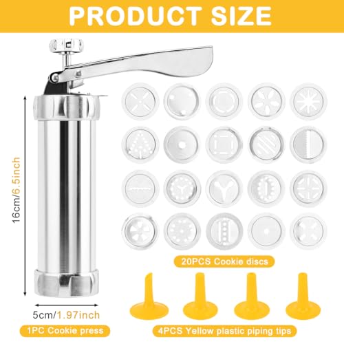 Stainless Steel Cookies Press Gun Manual Churro Maker Machine Churro Maker Kit with 20 Cookie Discs and 4 Piping Tips for DIY cake Makers Decorating Baking Supplies(Silver,Size:16.5x5cm/6.5x1.97inch)