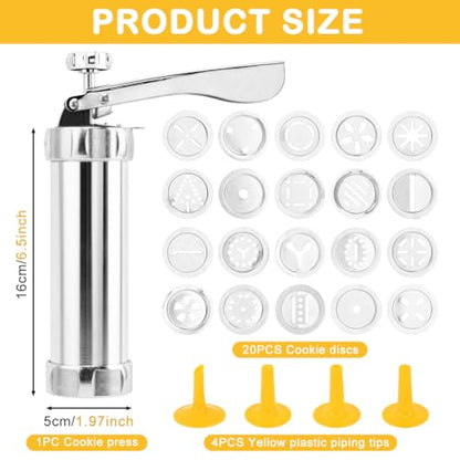 Stainless Steel Cookies Press Gun Manual Churro Maker Machine Churro Maker Kit with 20 Cookie Discs and 4 Piping Tips for DIY cake Makers Decorating Baking Supplies(Silver,Size:16.5x5cm/6.5x1.97inch)
