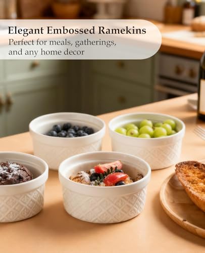 MISSYSSIM 12 oz Ramekins Oven Safe, 4.5 Inch Creme Brulee Ramekins with Lids, Small White Ceramic Souffle Dishes, Mini Baking Bowls with Cover Set of 4, Ramekin Microwave & Dishwasher Safe