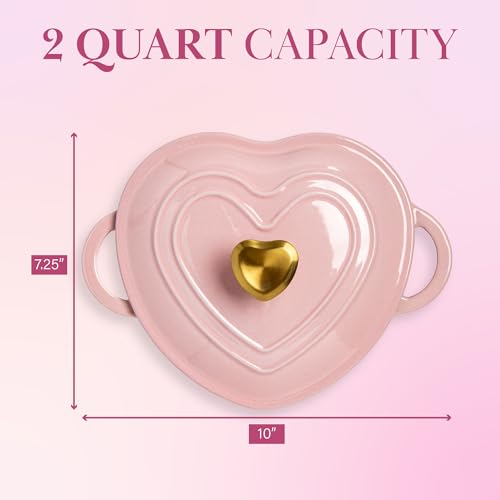 Paris Hilton Enameled Cast Iron Dutch Oven Heart-Shaped Pot with Lid, Dual Handles, Works on All Stovetops, Oven Safe to 500°F, 2-Quart, Pink
