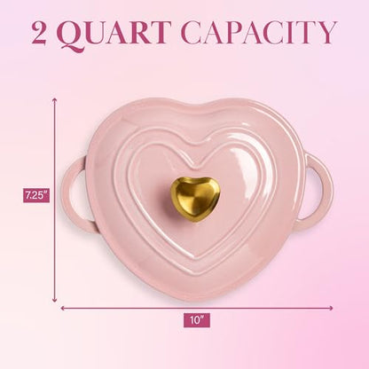 Paris Hilton Enameled Cast Iron Dutch Oven Heart-Shaped Pot with Lid, Dual Handles, Works on All Stovetops, Oven Safe to 500°F, 2-Quart, Pink