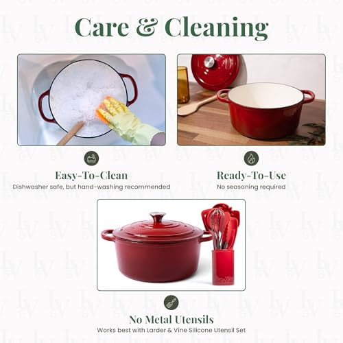 Larder & Vine Enameled Cast Iron Dutch Oven Pot with Lid | Bread Baking | Compatible on All Cooktops & Oven Safe to 500° F | Great for Sourdough Bread | Cabernet