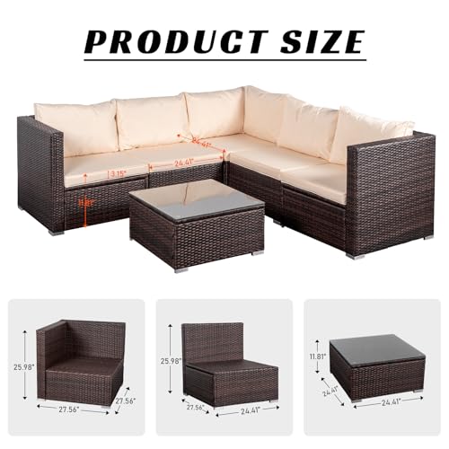 HOMEZILLIONS 6 Piece Outdoor Patio Furniture Sets, Modular Wicker Sectional Patio Furniture with Tempered Glass Coffee Table, Outdoor Sectional Sofa Set for Backyard, Poolside, Deck