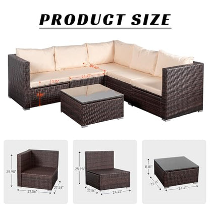 HOMEZILLIONS 6 Piece Outdoor Patio Furniture Sets, Modular Wicker Sectional Patio Furniture with Tempered Glass Coffee Table, Outdoor Sectional Sofa Set for Backyard, Poolside, Deck