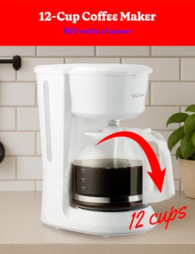 Betty Crocker 12-Cup Drip Coffee Maker with Heat Resistant Glass Carafe, Removable Permanent Nylon Filter, Pause & Pour, Water Level Gauge, Non-Stick Warming Plate, BC-5729W, White