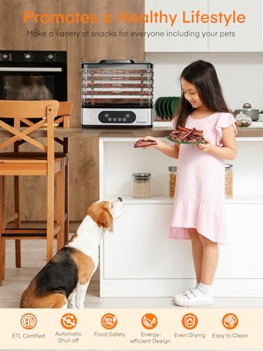 FOHERE Food Dehydrator, 5 BPA-Free Tray Dehydrators for Food and Jerky, Fruit, Herbs, Meat, Dog Treats, 48H Timer and 95-158°F Temperature Control, 400W Dehydrator Machine, 11.42" Stackable Trays