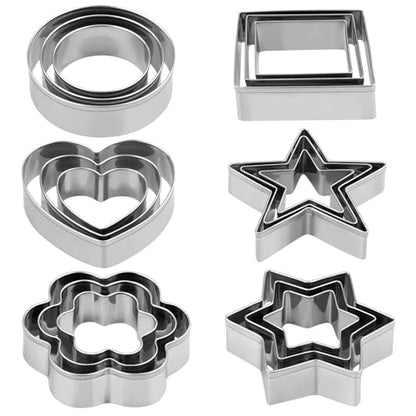 Stainless Steel Cookie Cutters Set, 18 Pieces, Star, Flower, Heart, Circle, Square, Hexagram Shapes