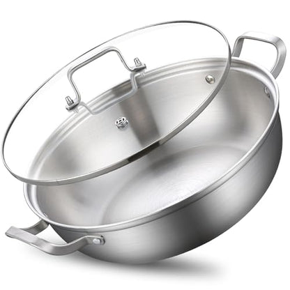 Yeksum Tri-Ply Stainless Steel Saute Pan,Deep Frying Pan with lid,Compatible with All Cooktops Up to 650℉, Everyday Pan,Hot Pot,Kadhai,Induction Cooking Pot,Dishwasher and Oven Safe. (7QT)