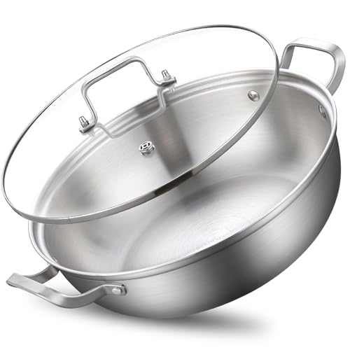 Yeksum Tri-Ply Stainless Steel Saute Pan,Deep Frying Pan with lid,Compatible with All Cooktops Up to 650℉, Everyday Pan,Hot Pot,Kadhai,Induction Cooking Pot,Dishwasher and Oven Safe. (7QT)