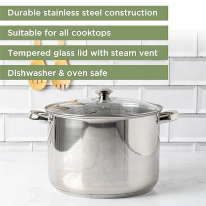 Ecolution Pure Intentions Stock Pot - Features Tempered Glass Lid, Stay-Cool Handles, and Encapsulated Bottom - Oven Safe - Curbside Recyclable Stainless Steel - 12 Quarts