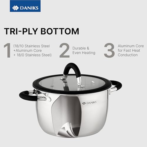 Daniks Orlando 11-Piece Stainless Steel Cookware Set with Glass Lids, Includes Saucepan and Frying Pan, Tri-Ply Bases for Even Heating, Induction Compatible, Dishwasher Safe, Heatproof Handles