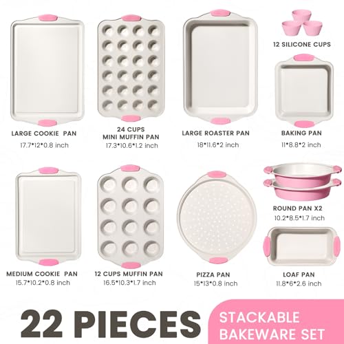 Kikcoin 22 PCS Nonstick Baking Pans Set, Stackable Bakeware Sets with Silicone Handles, 450°F Oven Safe Baking Sheet Set, Easy Release Cookie Sheets for Baking, Pink