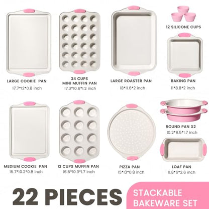 Kikcoin 22 PCS Nonstick Baking Pans Set, Stackable Bakeware Sets with Silicone Handles, 450°F Oven Safe Baking Sheet Set, Easy Release Cookie Sheets for Baking, Pink