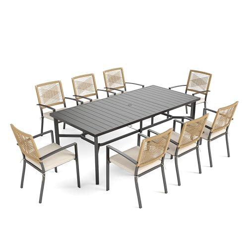 PHI VILLA 9pc Patio Dining Set, 82" Rectangular Table, Wicker Chairs
