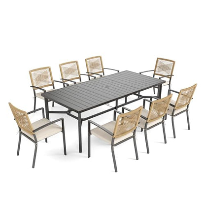 PHI VILLA 9pc Patio Dining Set, 82" Rectangular Table, Wicker Chairs